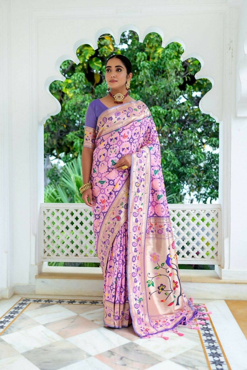 Aastha Fashion Baby Pink Woven Paithani Silk Saree with Blouse - Distacart