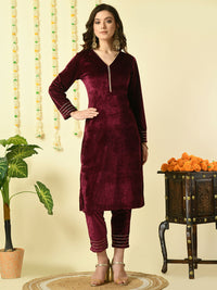 Thumbnail for Myshka Women's Magenta Velvet Kurta With Trousers Party Sets - Distacart