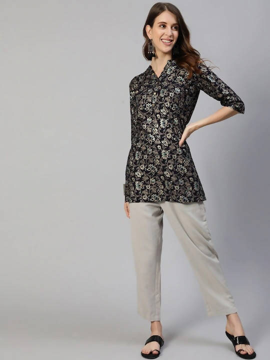 Anubhutee Navy Blue & Gold Ethnic Motifs Foil Printed Kurti - Distacart
