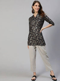Thumbnail for Anubhutee Navy Blue & Gold Ethnic Motifs Foil Printed Kurti - Distacart