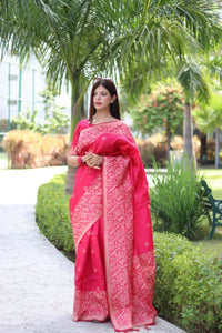 Thumbnail for Aastha Fashion Rani Pink Woven Handloom Raw Silk Saree with Blouse - Distacart