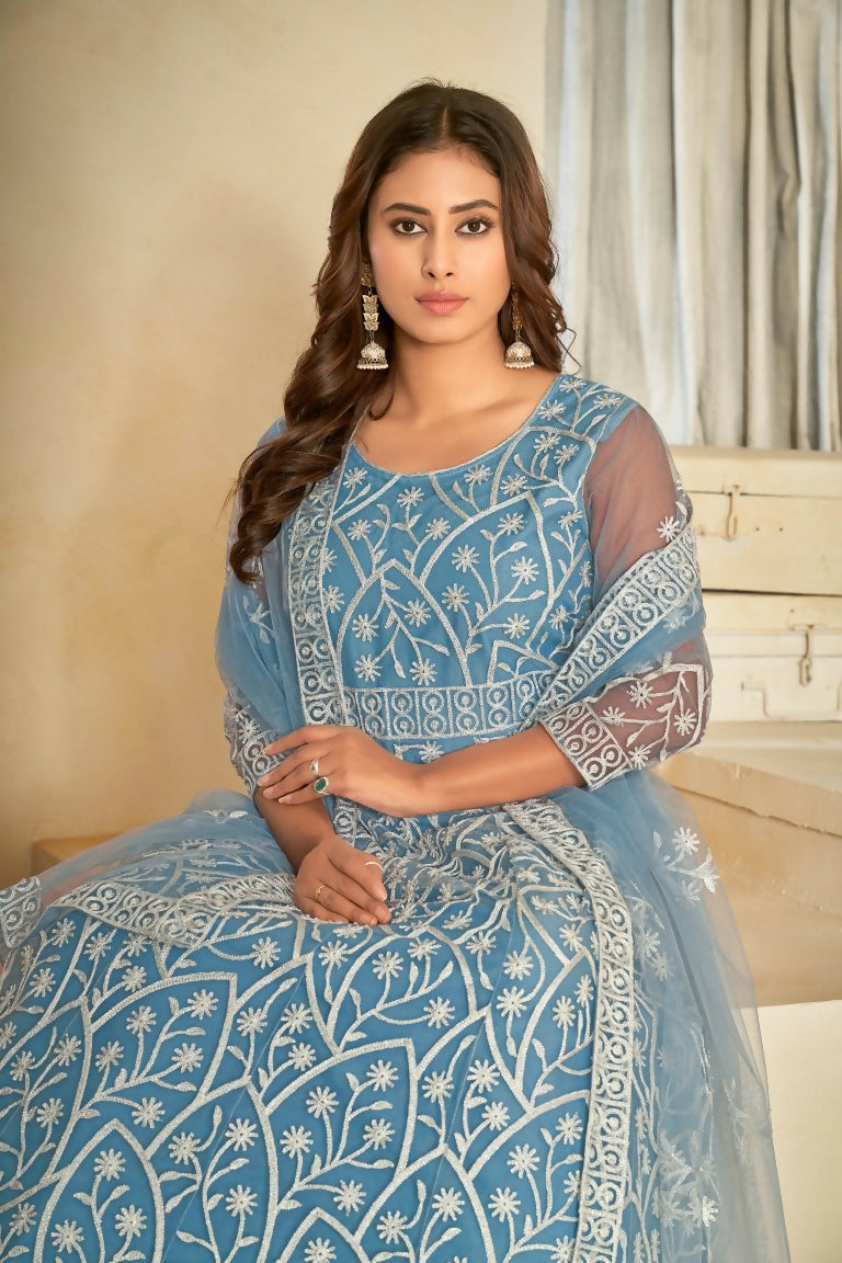 Jyoti Fashion Women's Sky Blue Net Embroidered Anarkali Kurta Pant Set With Dupatta