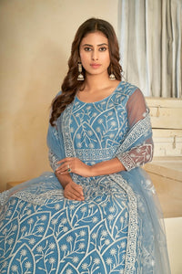 Thumbnail for Jyoti Fashion Women's Sky Blue Net Embroidered Anarkali Kurta Pant Set With Dupatta