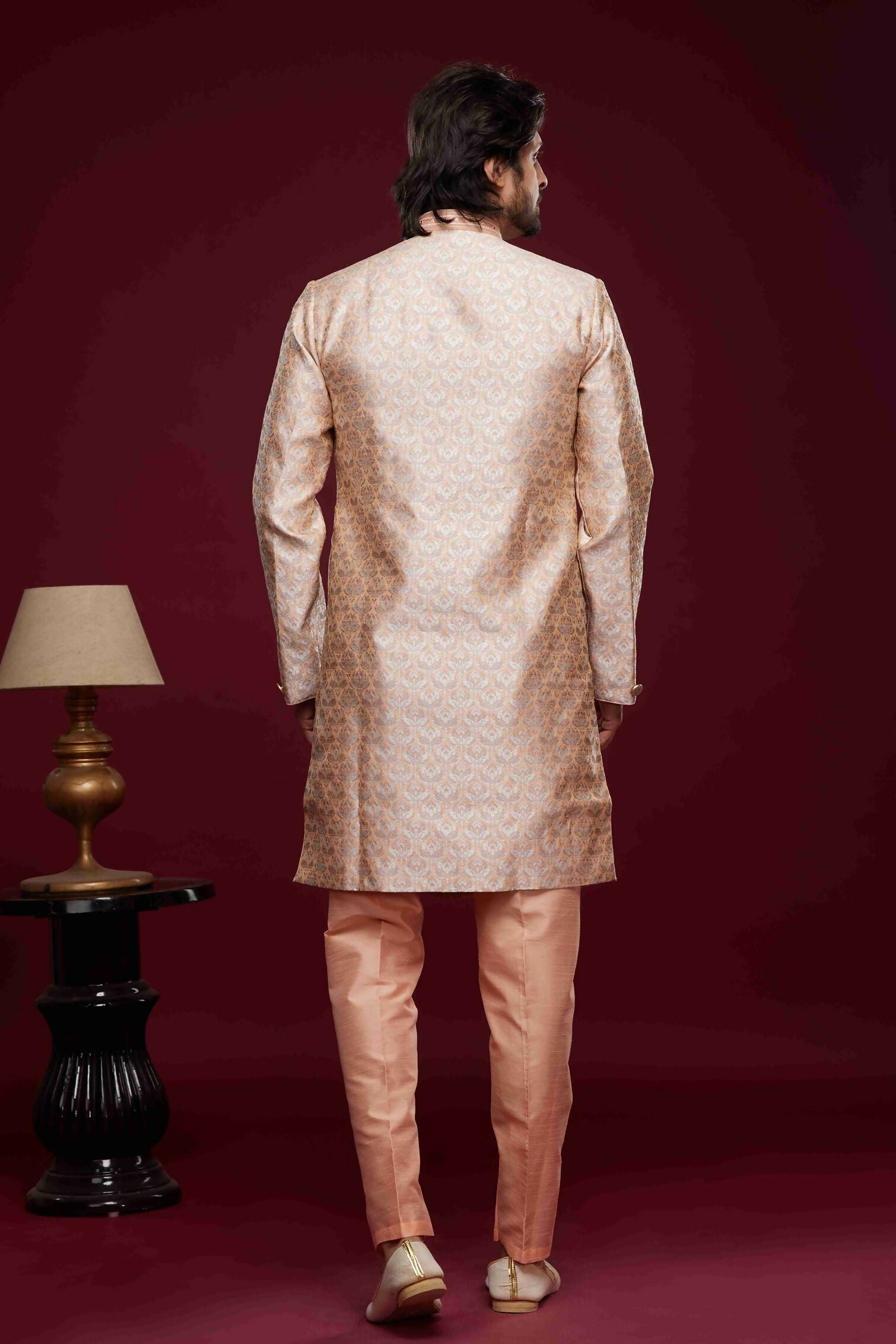 Raivat Ethnic Banarasi Jacquard Embroidery Semi Indo Western Sherwani In Peach Colour