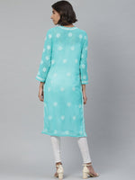 Thumbnail for ADA Women Sea Green & White Floral Chikankari Embroidered Straight Sustainable Handloom Kurta - Distacart