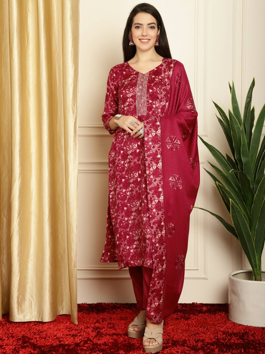 Aastha Fashion Women's Red Pashmina Floral Digital Printed Kurta with Trouser & Dupatta - Distacart