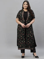 Thumbnail for Sztori Plus Size Floral Printed Mandarin Collar Foil Printed A-Line Kurta With Trouser - Distacart
