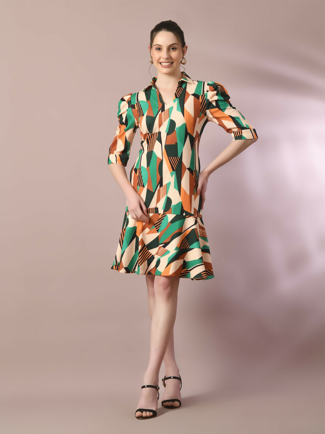 Myshka Women's Multi Printed Shirt Collar Fit and Flare Party Dress - Distacart