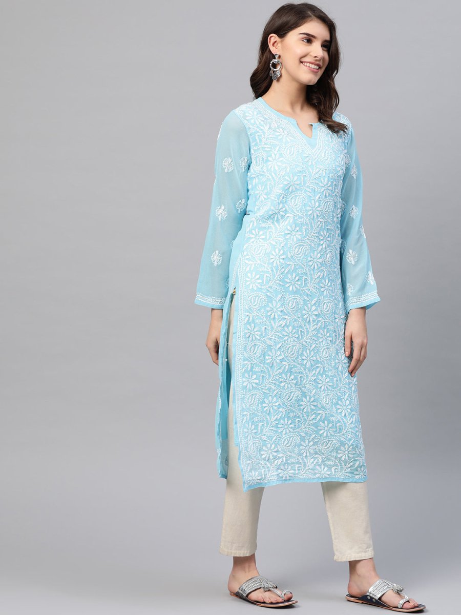 ADA Women Blue & White Chikankari Embroidered Straight Sustainable Handloom Kurta with Inner - Distacart