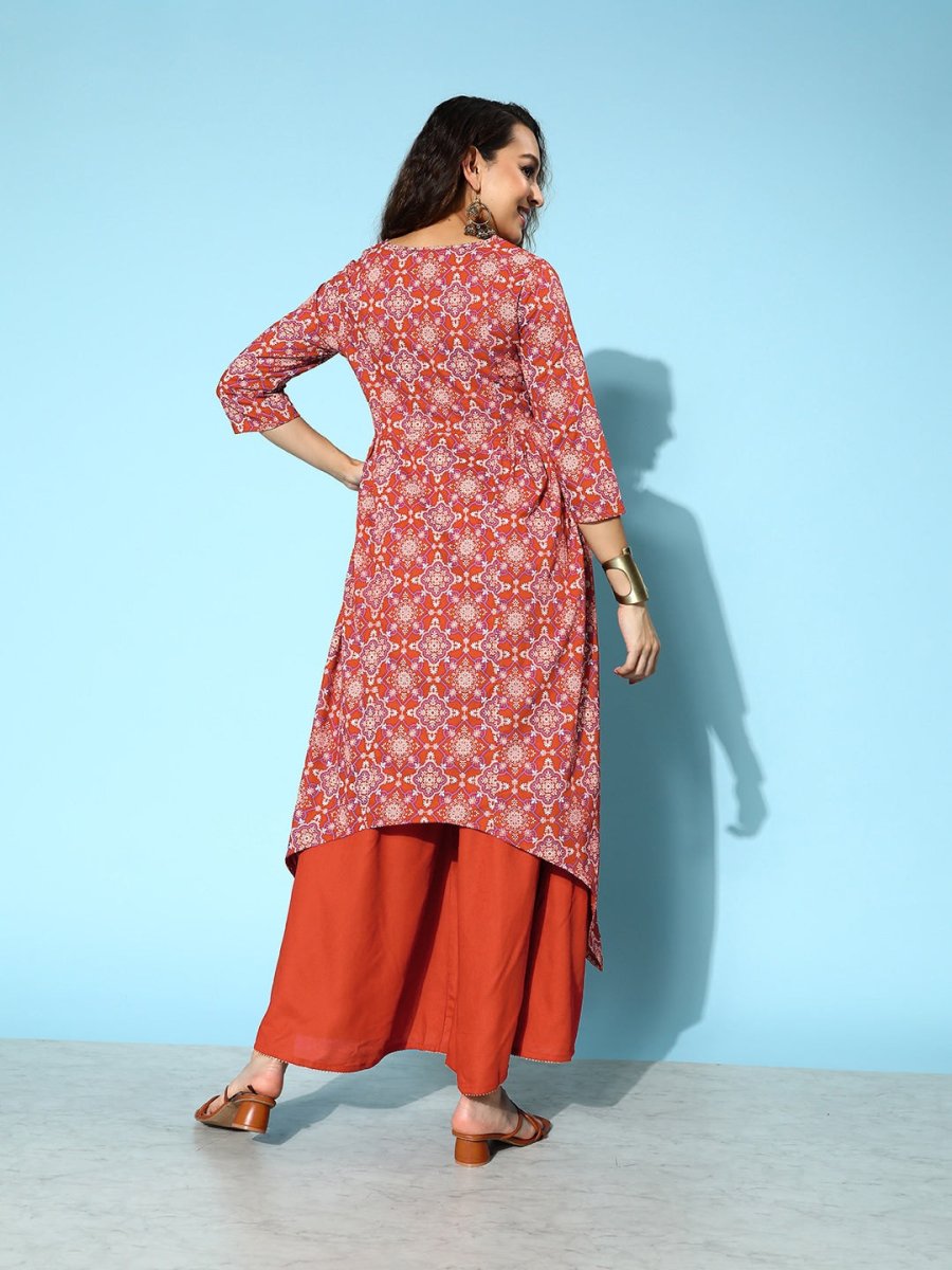 All About You Brick Red Printed Dipped Hem Veere Di Wedding A-Line Kurta with Palazzos - Distacart