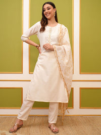 Thumbnail for Vishudh Cream Regular Thread Work Kurta with Trousers & With Dupatta