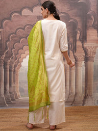Thumbnail for Vishudh Cream Embroidered Straight Kurta with Palazzo & Dupatta