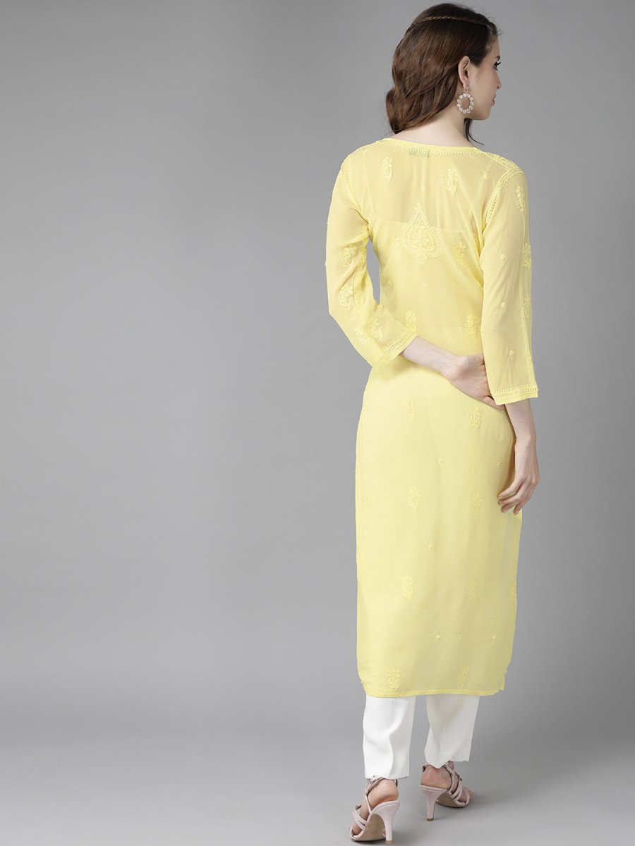ADA Women Yellow Ethnic Motifs Embroidered Chikankari Georgette Handloom Kurta - Distacart