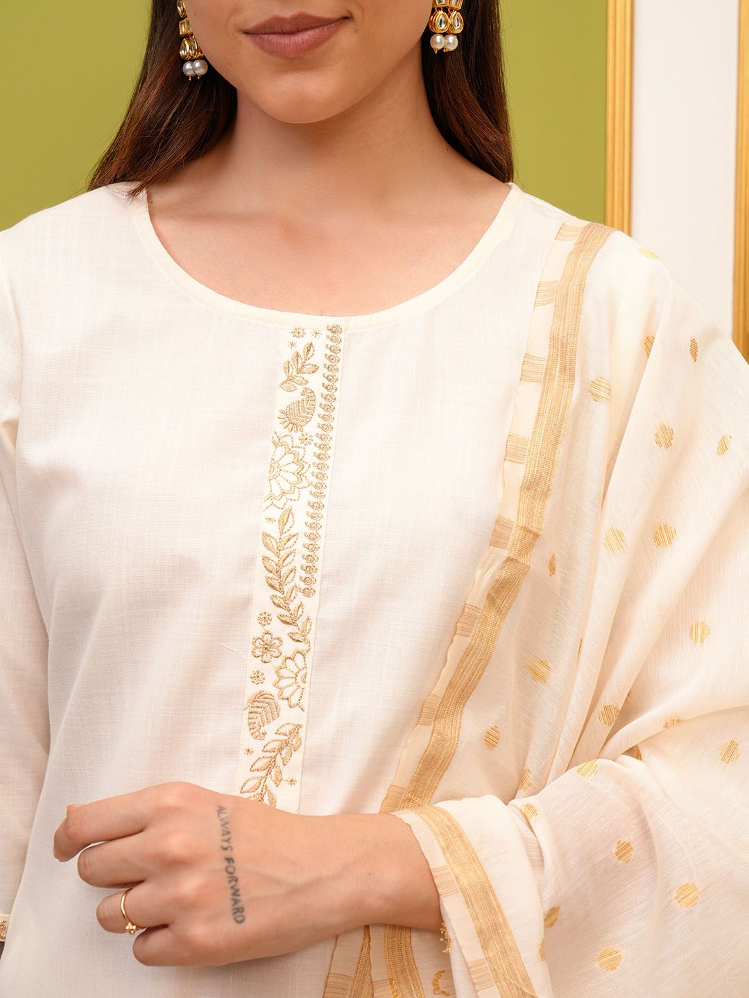 Vishudh Cream Regular Thread Work Kurta with Trousers & With Dupatta
