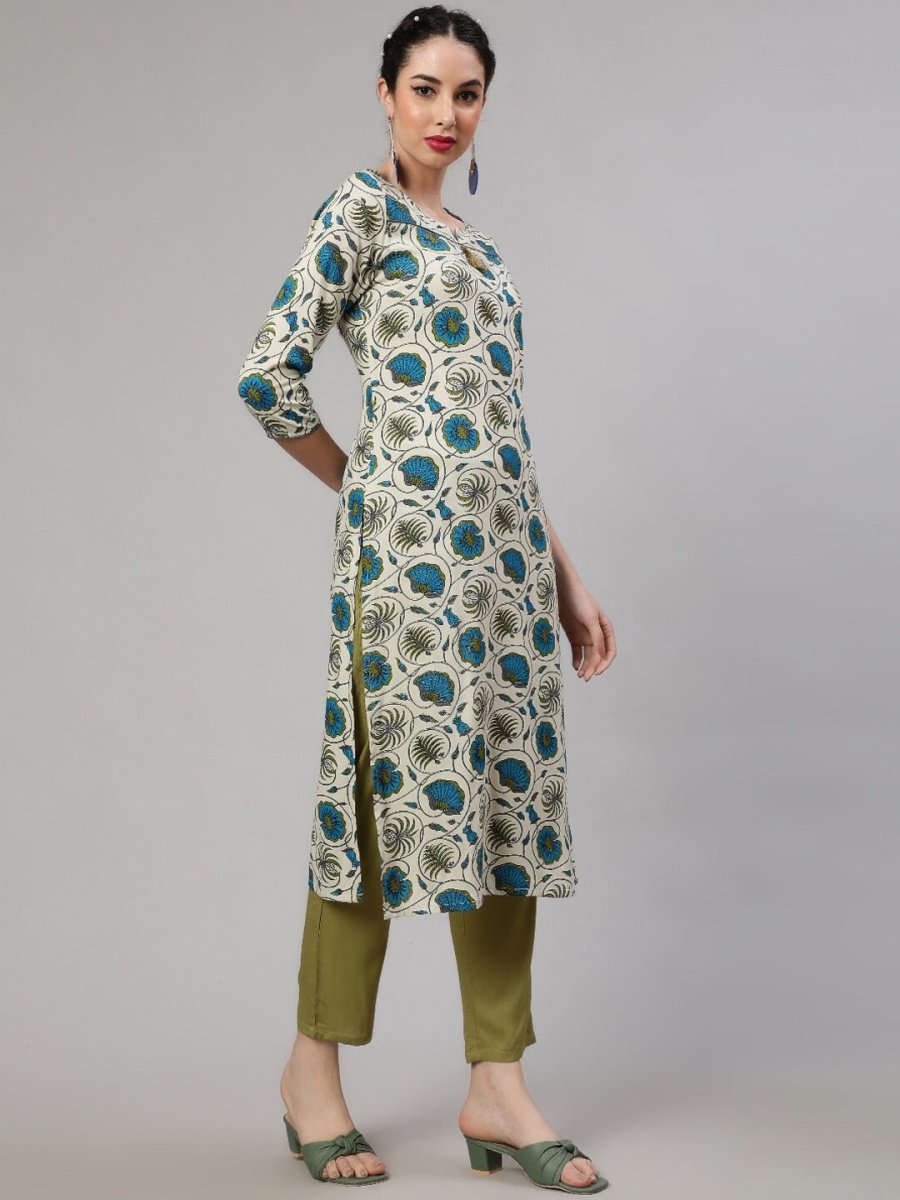 Aks Round Neck Floral Printed Regular Kurta with Trousers - Distacart