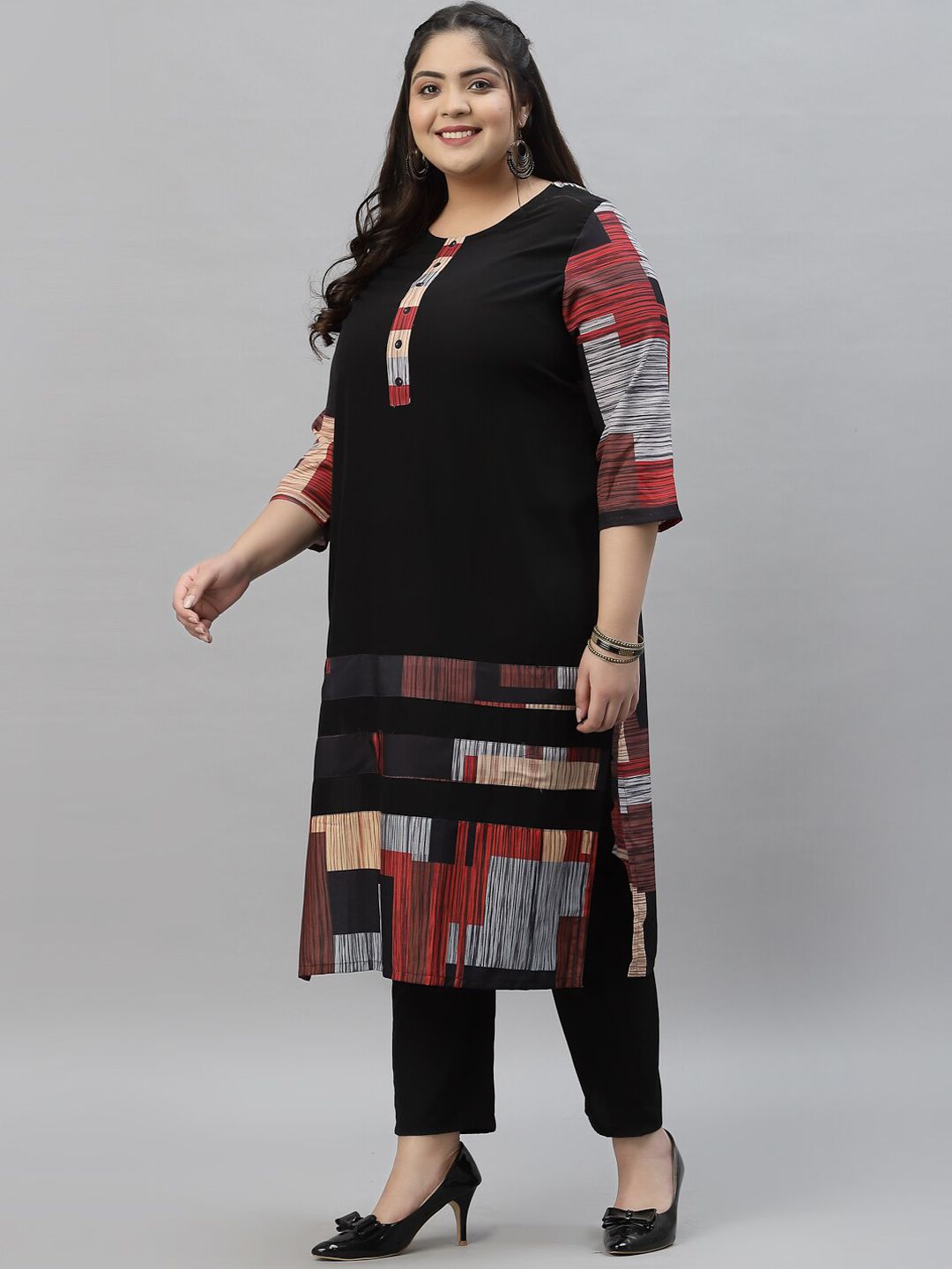 Sztori Black & Red Ethnic Motifs Printed Crepe A-Line Kurta - Distacart