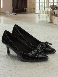 Thumbnail for DressBerry Black Pointed Toe Textured Kitten Pumps With Bows