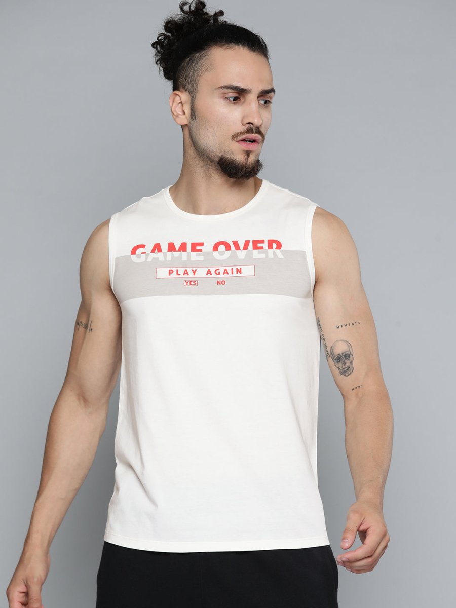 Alcis Men Off White Typography Printed Slim Fit Gym T-shirt - Distacart