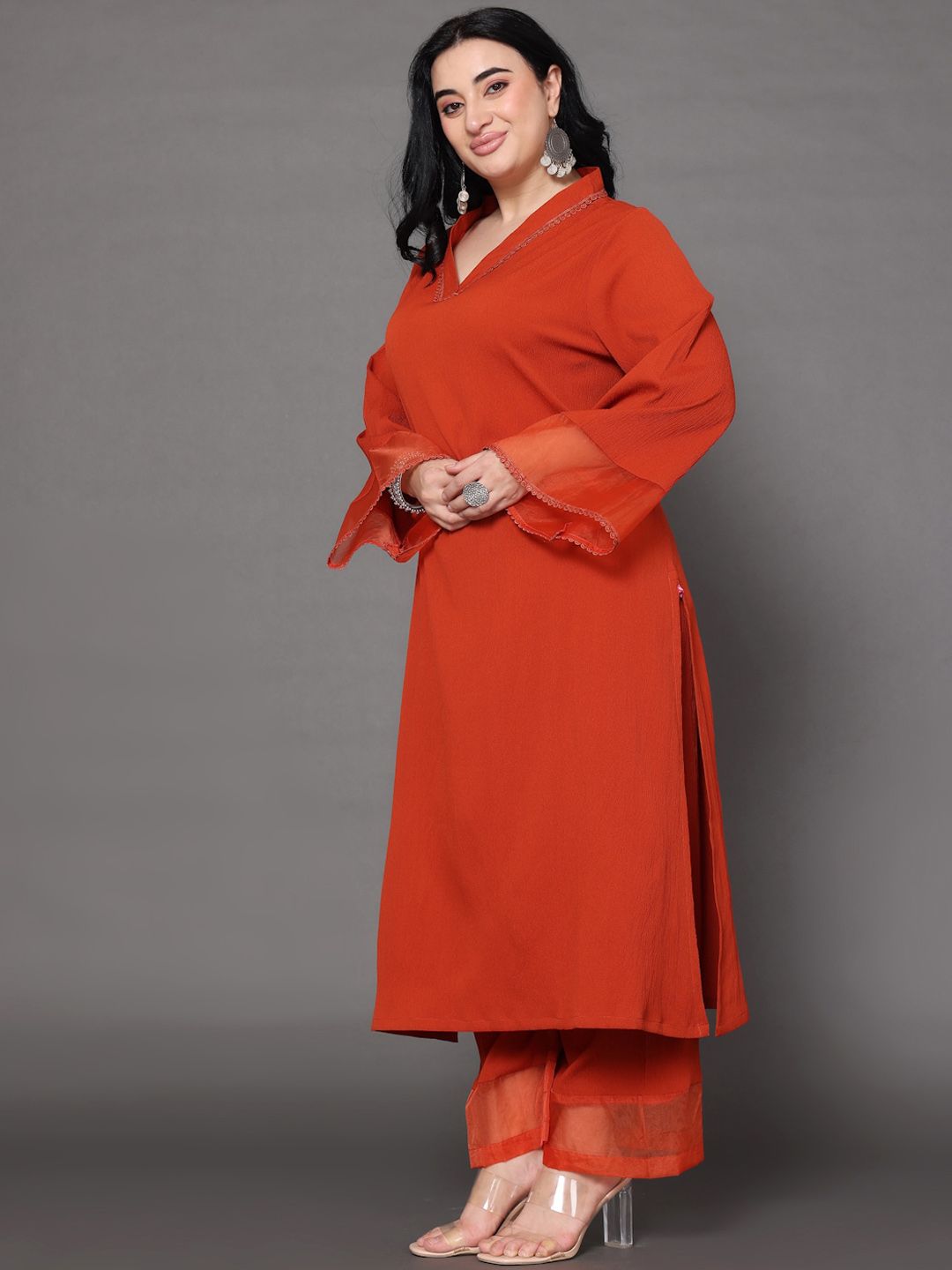 Sztori Plus Size V Neck Regular Silk Crepe Straight Kurta with Trousers - Distacart