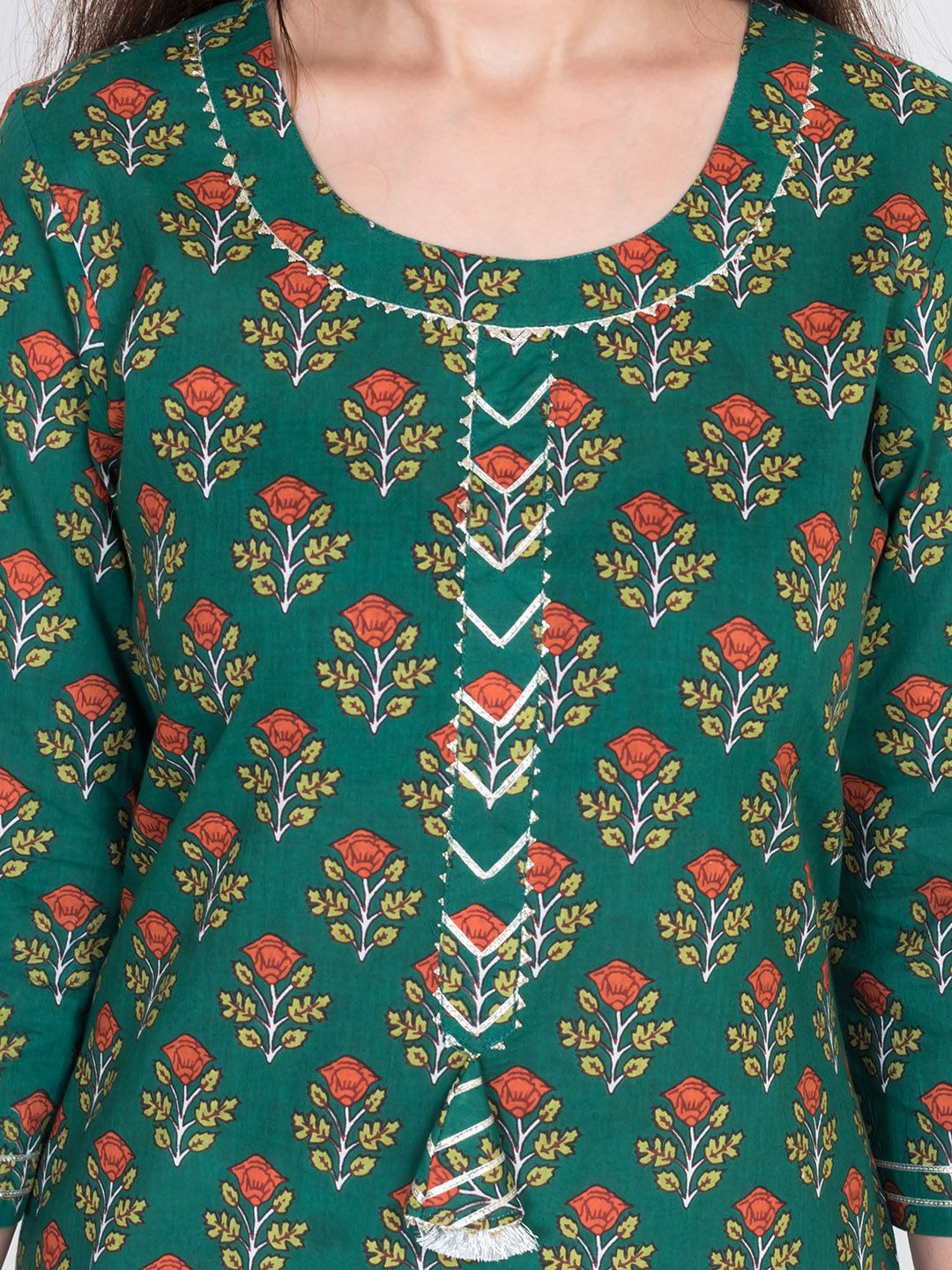 Swasti Women Green Ethnic Motifs Printed Flared Sleeves Thread Work Floral Kurta