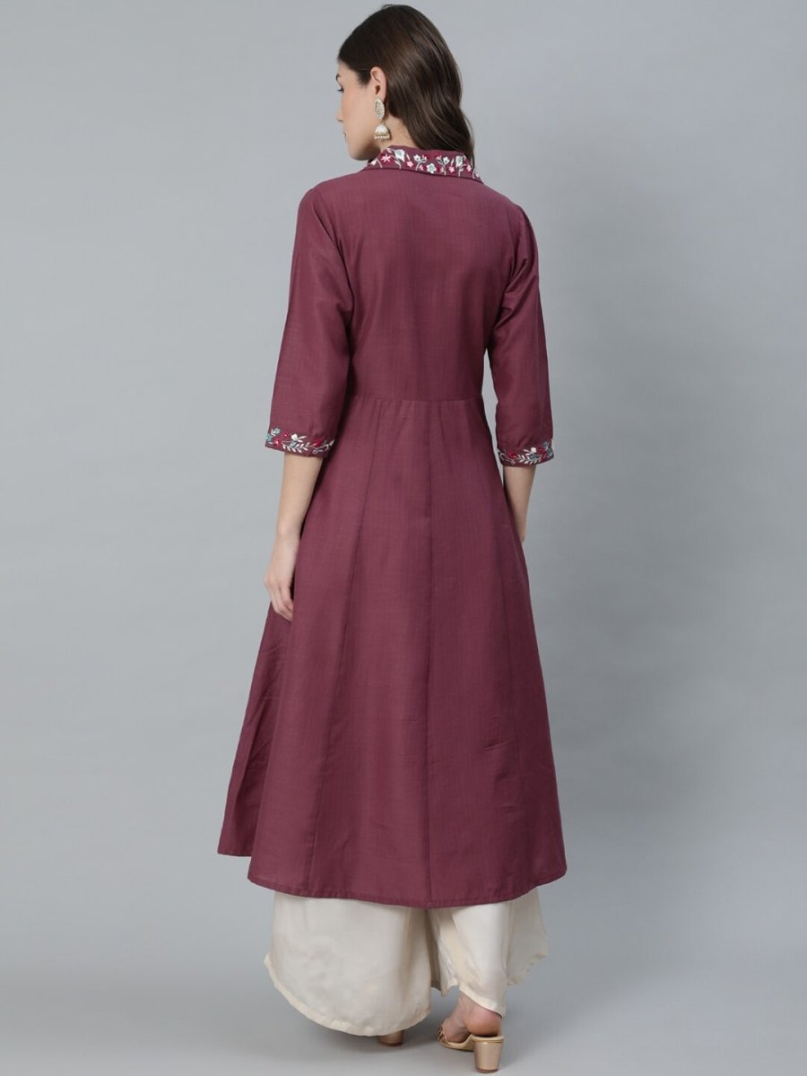Aks Notched Lapel Collar Thread Work A-Line Kurta - Distacart