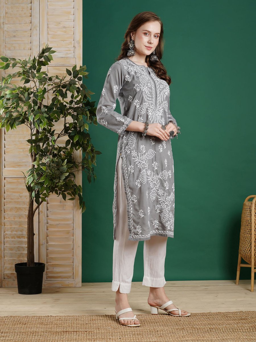 ADA Women Grey & White Chikankari Embroidered Straight Kurta - Distacart