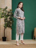 Thumbnail for ADA Women Grey & White Chikankari Embroidered Straight Kurta - Distacart