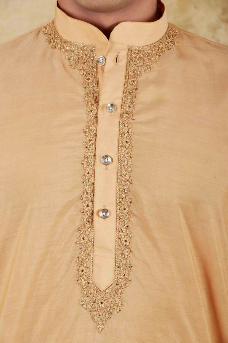 Bluesaanchi Men's Chandery Silk Khaki Embroidered Kurta Set - Distacart