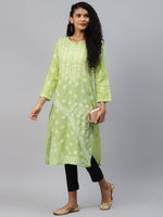 Thumbnail for ADA Women Green & White Ethnic Motifs Chikankari Hand Embroidered Sustainable Kurta - Distacart