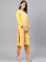 Thumbnail for ADA Women Yellow & White Chikankari Embroidered Straight Sustainable Handloom Kurta - Distacart
