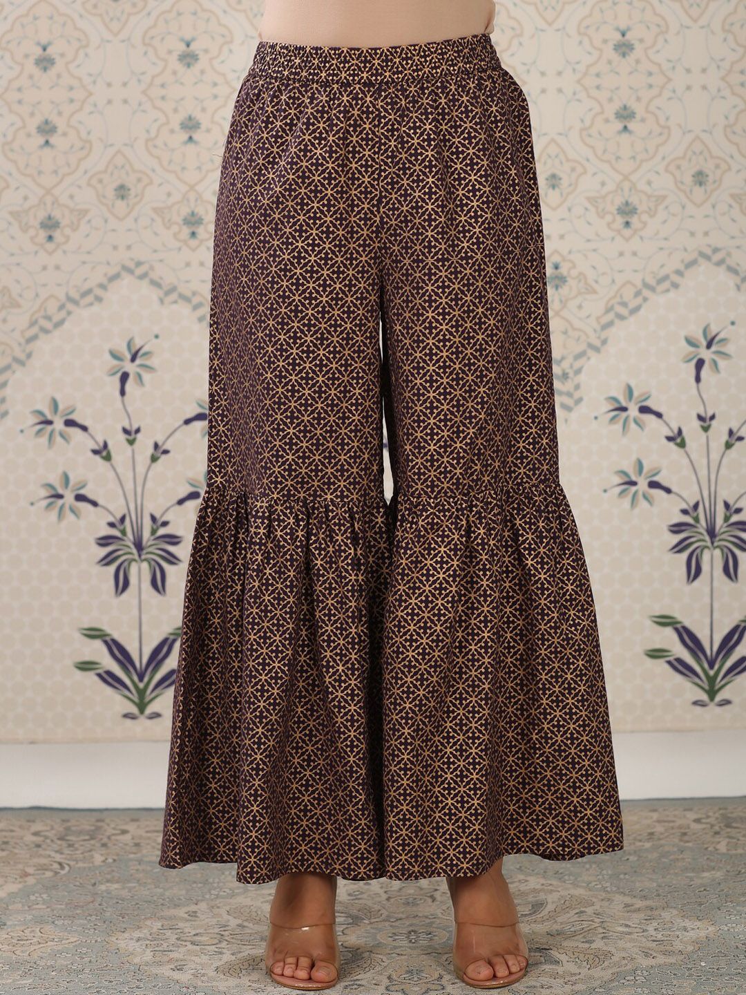 Ode by House of Pataudi Purple Floral Printed Pure Cotton Kurta With Sharara & Dupatta - Distacart