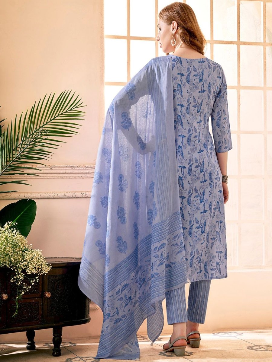 Anouk Blue Floral Embroidered Mirror Work V-Neck Pure Cotton Kurta With Trousers & Dupatta - Distacart