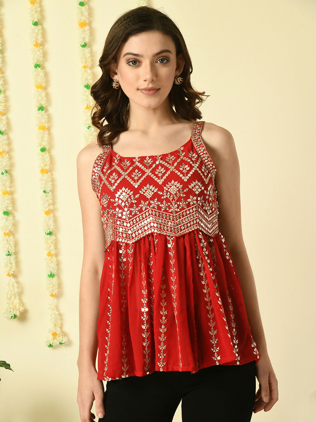 Myshka Women's Red Embroidered Party Fusion Top - Distacart