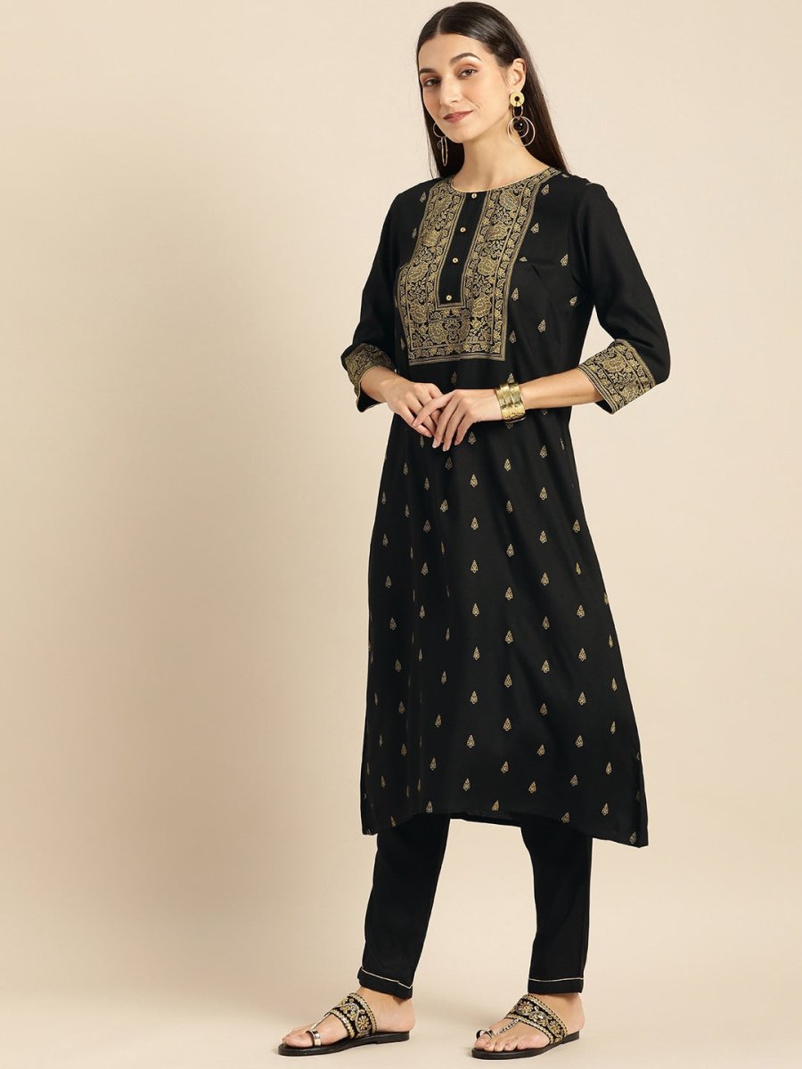All About You Women Black & Mustard Yellow Printed Kurta with Trousers - Distacart