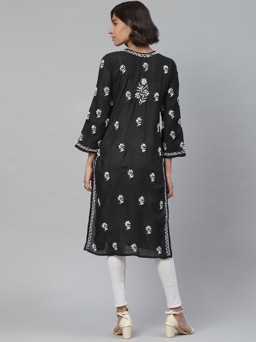 ADA Women Black & White Chikankari Embroidered Straight Sustainable Handloom Kurta - Distacart