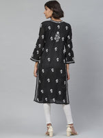 Thumbnail for ADA Women Black & White Chikankari Embroidered Straight Sustainable Handloom Kurta - Distacart