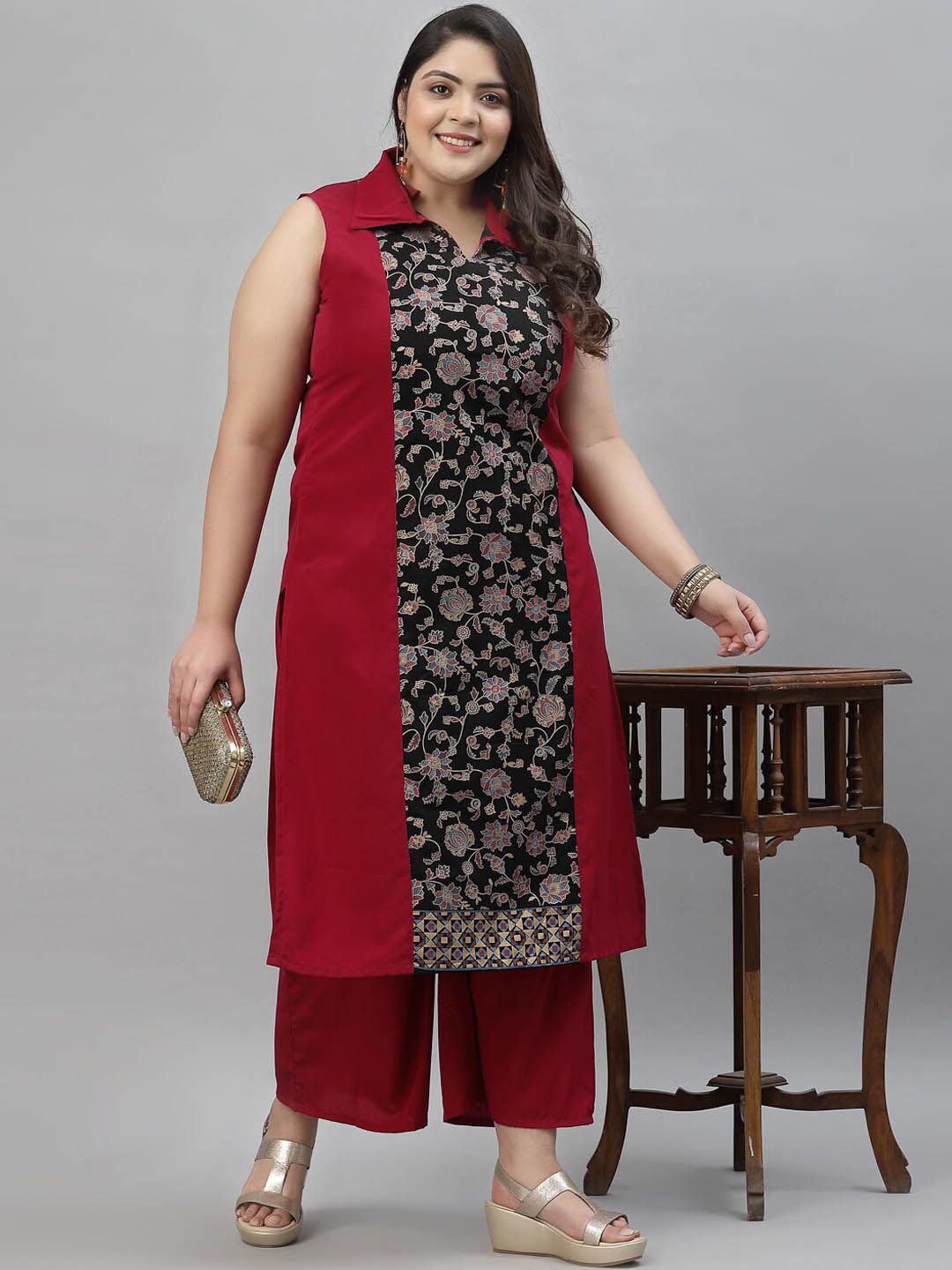 Sztori Plus Size Floral Printed Shirt Collar Straight Crepe Kurta with Palazzos - Distacart