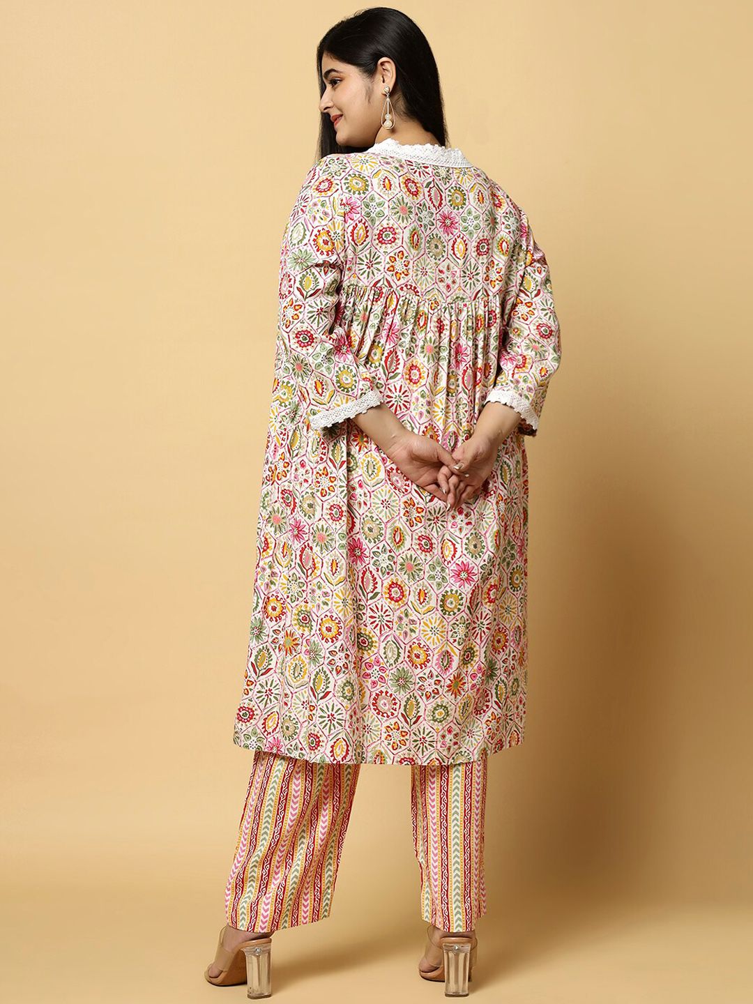 Sztori Plus Size Floral Printed V- Neck Pleated Pure Cotton A-Line Kurta With Lace Detail - Distacart