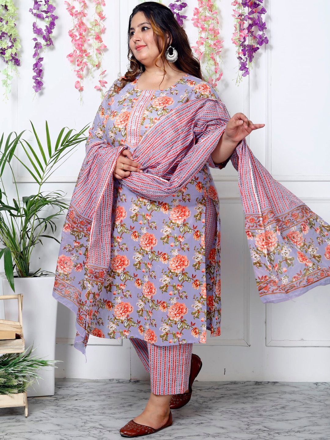 Swasti Plus Size Floral Printed Sequinned Pure Cotton Kurta With Trouser & Dupatta