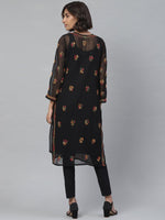 Thumbnail for ADA Women Black & Mustard Yellow Chikankari Embroidered Sustainable Kurta with Trousers - Distacart