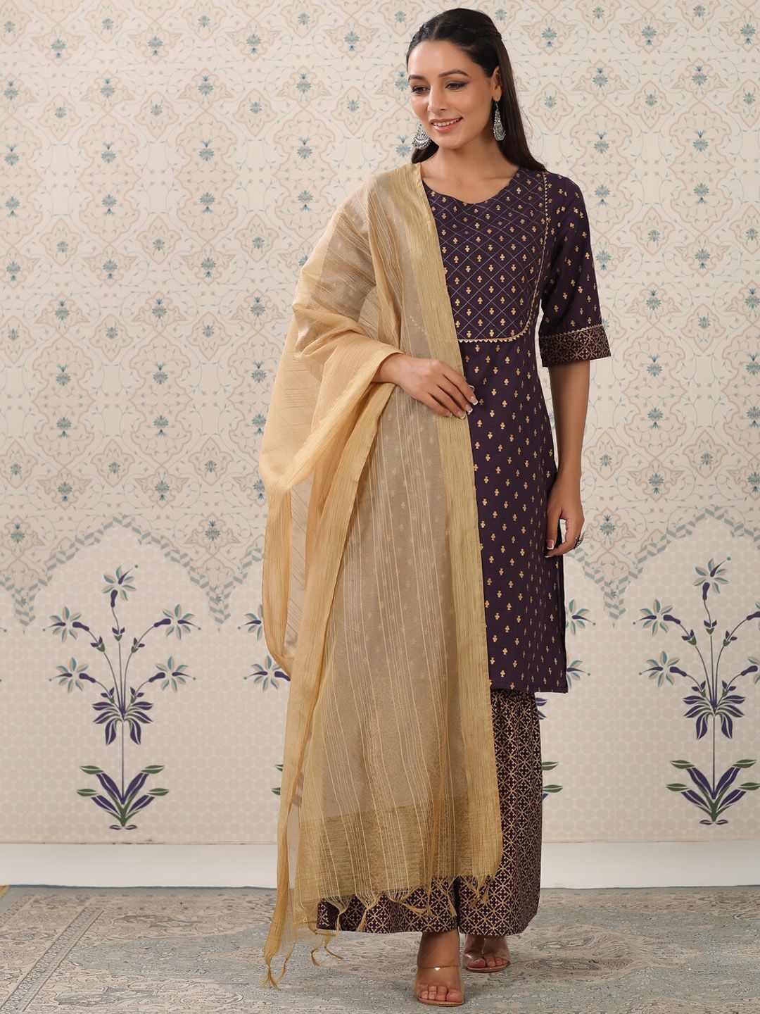 Ode by House of Pataudi Purple Floral Printed Pure Cotton Kurta With Sharara & Dupatta - Distacart