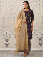 Thumbnail for Ode by House of Pataudi Purple Floral Printed Pure Cotton Kurta With Sharara & Dupatta - Distacart