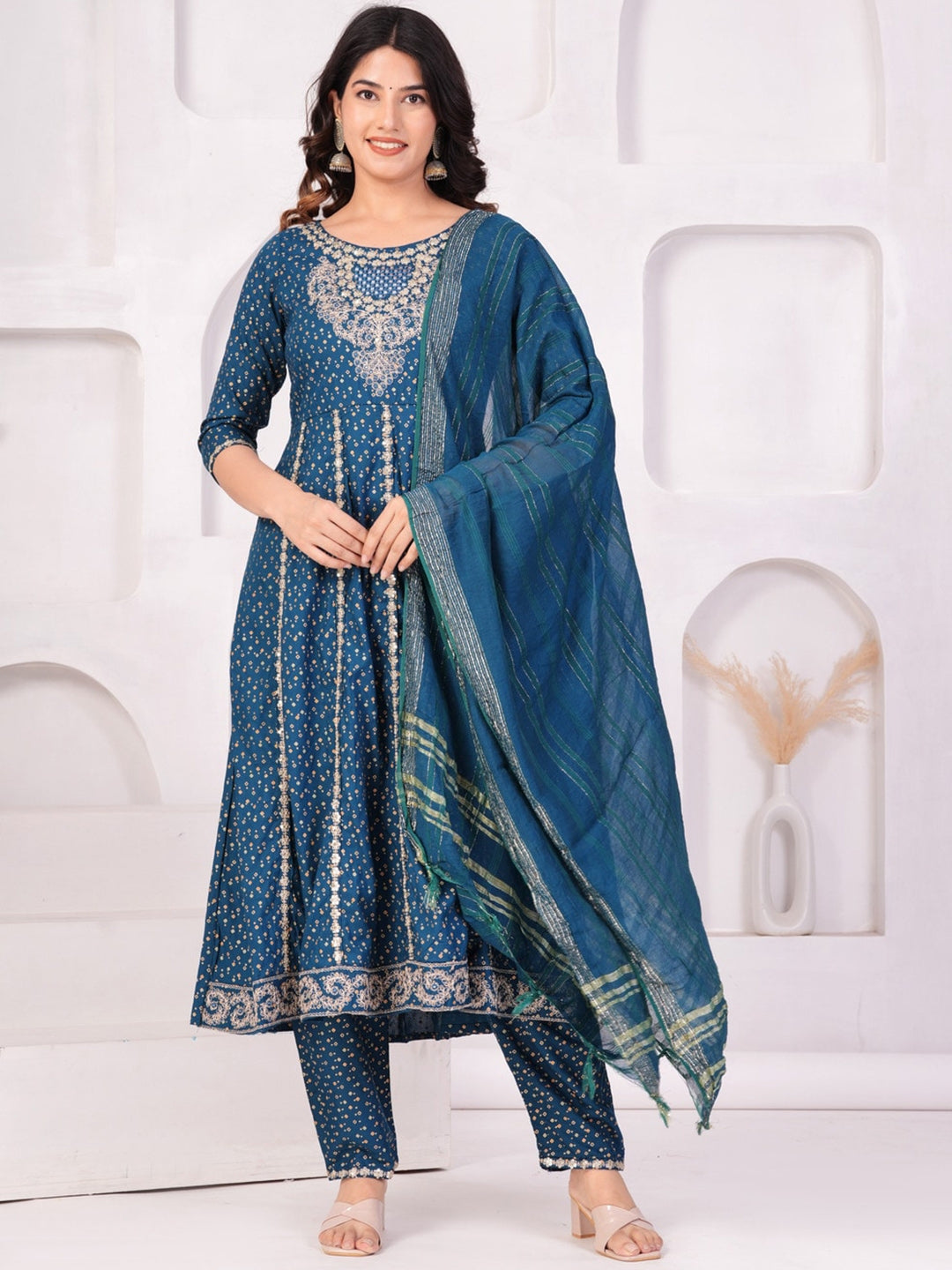 Women Ethnic Motifs Printed Panelled Thread Work Kurta With Trousers & Dupatta (Blue) - Rasiya
