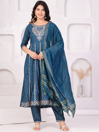 Thumbnail for Women Ethnic Motifs Printed Panelled Thread Work Kurta With Trousers & Dupatta (Blue) - Rasiya
