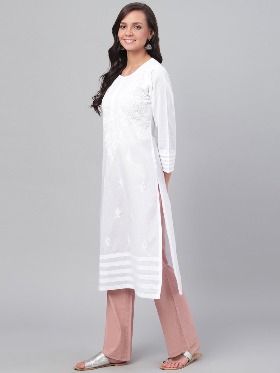 ADA Women White Chikankari Hand-Embroidered Straight Sustainable Handloom Kurta - Distacart