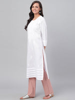 Thumbnail for ADA Women White Chikankari Hand-Embroidered Straight Sustainable Handloom Kurta - Distacart