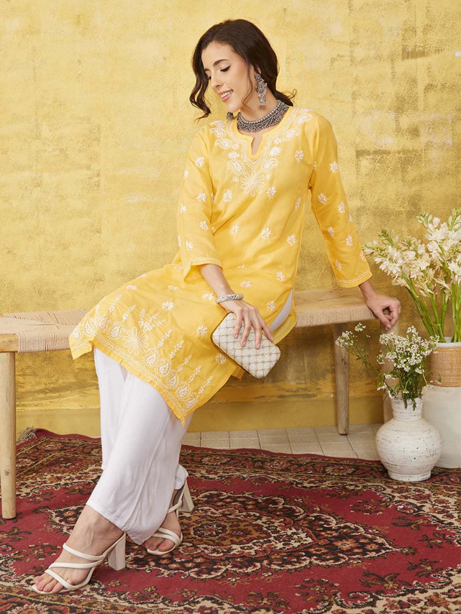 ADA Women Yellow & White Chikankari Embroidered Straight Sustainable Handloom Kurta - Distacart