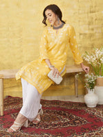 Thumbnail for ADA Women Yellow & White Chikankari Embroidered Straight Sustainable Handloom Kurta - Distacart
