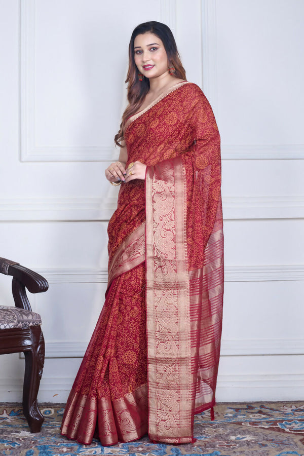 Morchari Maroon Script Printed Orzanga Saree Unstitched Blouse