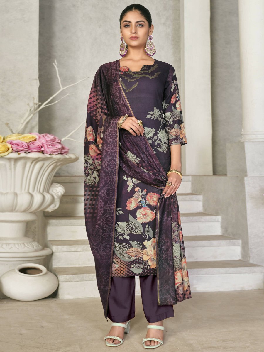Aastha Fashion Women's Violet Pashmina Floral Digital Printed Kurta with Trouser & Dupatta - Distacart